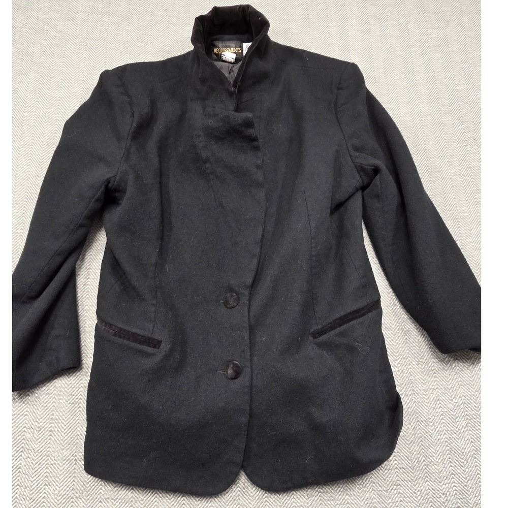 Requirements Vintage Black 100% Wool Blazer Velvet Trim Stand Collar Womens 14